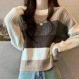 thanksgiving outfit Tineit Retro Stripe Knit Sweater Women Fall Loose Slouchy O Neck Long Sleeve Patchwork Pullover Y2K Korean Streetwear Casual Jumpers