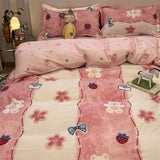 Tineit Pink Strawberry Quilt Cover Sweet Bedding Set Polyester Falt Sheet With Pillowcase Full Queen Size For Girls