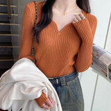 thanksgiving outfit Tineit Korean Elegant Sweater Women Knitted Apricot Autumn Winter Slim Basic Pullover Long Sleeve V-Neck Solid Female Chic Jumpers