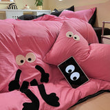 Tineit Pink Big Eye Embroidery Bedding Sets Ins Korean Style Washing Cotton Cute Duvet Cover Bed Sheet Set Pillowcases 3/4pcs