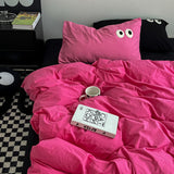 Tineit Ins Style Nordic Bedding Set No Filling Duvet Cover Pillowcase with Cute Eye Embroidered Solid Color Single Queen Size Bed Linen