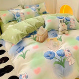 Tineit Ins Blue Flower Duvet Cover Set Soft Flat Sheet Quilt Cover Pillowcase Bed Linen Girls Twin Queen Full Size Fashion Bedding Sets