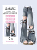 christmas outfit Tineit Women's Bow Jeans Baggy Harajuku Y2k Denim Trousers Hollow Out Jean Pants Vintage Aesthetic Japanese 2000s Style Trashy Clothes