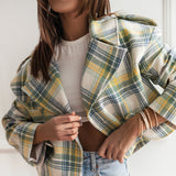 Tineit Vintage Plaid Short Coats Women Loose Lapel Single Breasted Long Sleeve Female Jackets 2024 Autumn Lady Fashion Commute Outwear