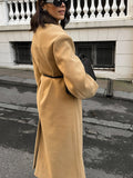 Tineit 2025 Fashion Solid Double-breasted Wool Blend Overcoat Elegant Women's Lapel Collar Full Sleeve Jacket Female Chic Loose Outwear