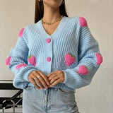 thanksgiving outfit Tineit Casual Knitted Strawberry Cardigan Women Loose Warm V-Neck Single-Breasted Sweaters Female Autumn Chic Simple Daily Tops