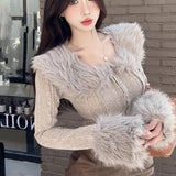 thanksgiving outfit Tineit Hair Collar Knitted Cardigan Women Solid Elegant Simple Fluffy Spring Fall Sweater Skinny Chic Sexy Cropped Lady Tops