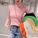 thanksgiving outfit Tineit Pit Stripe Knit Sweater Women Korean Fall Winter Fashion Slim Elegant Solid Half High Collar Long Sleeve Pullover Basic Chic Top