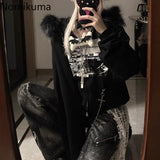 Tineit Harajuku Black Jackets Women's Clothing Furry Hooded Zip-up Outwear Streetwear Fashion Casual Print Y2k Coats 2025 Ropa Mujer