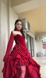 Tineit Elegant High Low Strapless Burgundy Satin Prom Dress Birthday Outfits With Sleeves (PRE-ORDER)