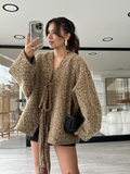 Tineit 2025 New Solid Women's Lace Up Mohair Cardigan Coat Elegant V Neck Long Sleeve Loose Casual Jacket Spring Lady Fashion Outerwear