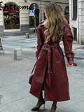 Tineit Vintage Women's Long Leather Jacket With Belt Lapel Double Breasted Pocket Overcoat 2024 Autumn Winter Lady Street Outerwear New