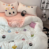 Tineit Korean Style Fresh Bedding Set Water Washed Cotton Cute Towel Embroidered Duvet Covers, Bed Sheets, Dormitory