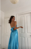 Tineit Vintage A Line Spaghetti Straps s Blue Prom Dresses Evening Gowns With Bow (PRE-ORDER)