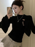 thanksgiving outfit Tineit Sexy Slim Fit Flare Sleeve T-shirt Women Casual Solid O-neck Long Sleeves  Basic Shirt Female Autumn Thin Chic Elegant Base Tops