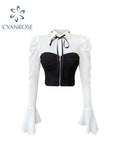 christmas outfit Tineit Chic Black Chiffon Shirt Long Sleeve Tops Fashion Sexy Underbust Corset Women Bustier Tube Patchwork Fishbone Crop Tops 2025 New