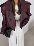 Tineit Chic Solid Color Lapel Cropped Leather Jacket Fashion Women's Pockets Long Sleeves Short Coat 2024 Lady Autumn High Streetwear