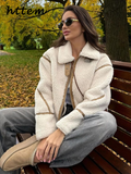 Tineit Casual Women's Panelled Lambs Wool Coats Loose Lapel Zippers Pockets Long Sleeve Jacket 2024 Autumn Winter Lady Fashion Outwear