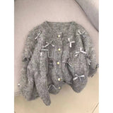 Tineit 2025 Autumn Winter Women Temperament High Soft Mohair Knitted Cardigan Fragrant Coat Casual Tops Korean Grey Bow Sweater