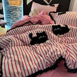 Tineit Pink Striped Cat Embroidery Bedding Set Korean Style Washing Cotton Cute Cardboard Duvet Cover Bed Sheet Pillowcases 3/4pcs