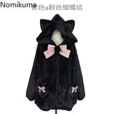 Tineit Japanese Coat Winter Women Clothing Streetwear Thicked Furry Bow Thicked Outwear Y2k Tops 2025 Ropa Mujer Hooded Casual Jackets