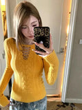 Tineit Autumn Winter Retro Design Slim Fit Knitted Sweater Women Pure Color Korean Fashion Y2k Tops Outfit Casual Basic Sexy Jumpers