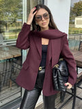 Tineit Scarf Collar Woolen Blazer Coat Women Elegant Single Breasted Loose Long Sleeve Thicken Jacket 2025 Winter Commuting Outwear