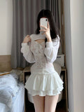 Tineit Korean Fashion White Skirt Sets Women Casual Slim Crop Tops + Sexy Y2K Lace Vest + Sweet Party Kawaii Mini Skirt 2025 Spring