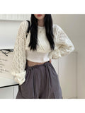 christmas outfit Tineit 2025 Autumn New Women Solid Color Pullover Sweater Hollow Out Knitted Long Sleeve Cropped Sweater Korean Style Casual Fashion