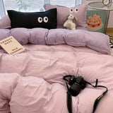 Tineit Ins Big Eye Cream Purple Solid Color Bedding Set Girls Boys Double Size Flat Sheet Duvet Cover Pillowcase Bed Linen Home Textile