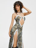 Tineit 2024 New slim V Neck Leopard Sleeveless Maxi Dress