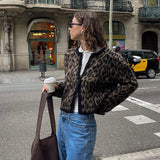 Tineit Mohair Leopard Print Cardigan Women Knit Fashion Single Breasted V-neck Loose Chic Sweaters 2025 Autumn Casual Coat Street Tops