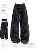 christmas outfit Tineit Women's Dark Blue Baggy Cargo Jeans Vintage Korean Y2k Denim Trousers Harajuku 90s High Waist Cowboy Pants 2000s Trashy Clothes