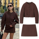 Tineit Elegant Mini Skirt Suits Women 2 Pieces Sets Balloon Buttons Cropped Blazer Jacket Coat Zipper Skirts Female Streetwear Outfits