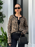 Tineit Leopard Print Chic Cardigan Women Knitted Long Sleeve O-neck Single Breasted Sweater 2025 Autumn Casual Loose Elegant Coats Tops