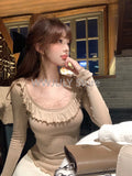 Tineit Aesthetics Slim Lace Fake Two Tops Casual Basic Sweet Long Sleeve Blosue Y2k E-girl Fit Korean Fashion Pullover Woman Chic