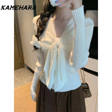 Tineit Korean Pure Desire Style Bow Long Sleeved Sweater Autumn Slim Fit Age Reducing Versatile Waist Cinching Knitted Sweater