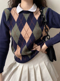 Tineit 2024 Fall Fashion Vintage Argyle Pullover Sweater