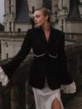 Tineit Pearl Lace Patchwork Long Sleeve Blazer Coat Women Elegant Notched Single Breasted Pocket Black Jacket Female Chic Shoulder Pads