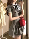 Tineit Preppy Style Grey 2 Piece Set Summer Women Korean Fashion Y2k Crop Tops High Waist Kawaii Slim Mini Skirt Hot Girls 2000s