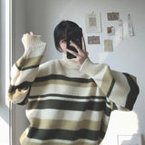 thanksgiving outfit Tineit Zoki Turtleneck Sweaters Women Vintage Striped Fall Winter Casual Thicken Warm Preppy Pullovers Baggy All Match Knitwear Jumper