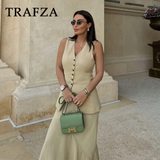 cold weather outfits Tineit 2024 Spring Summer Casual Women Solid Suits Fashion Vintage V Neck Single Breasted Vests+Chic Elastic Waist Long Skirts