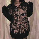 Tineit 2024 Fall Fashion Skull Print Zip Up Oversized Hoodie