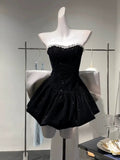 Tineit Chic A Line Strapless Black Velvet Cocktail Dresses Short Homecoming Dress (PRE-ORDER)