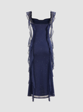 Tineit Elegant Sheath Square Neckline Navy Blue Chiffon Ruffles Prom Dresses Formal Dress (PRE-ORDER)