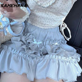 Tineit Y2k Summer Japanese Soft Girl Mushroom Edge Drawstring Top Floral Short Sleeved T-shirt Cake Skirt Sweet 2 Piece Set