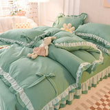 Tineit Green Bedding Sets Kawaii Seersucker Bed Sheet Pillowcase Fashion Girl Princess Duvet Cover 4 Pieces Cute Home Decoration