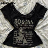 Tineit E-girl Gothic Grunge Top Millennium Y2K Punk Rock Black Letter T-shirt Top Striped Strap American Design Two Piece Set