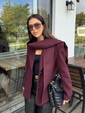 Tineit Chic Women's Burgundy Scarf Collar Woolen Suit Jacket 2025 Elegant Flap Pockets Single Breasted Coat Female New Office Outerwear