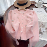 thanksgiving outfit Tineit Sweet Knitted Cardigan Women Pink 3D Chelsea Pearl Button O-Neck Chic Sweater Fashion Pretty Style Gentle Korean Tops